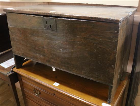 A 17th century oak six plank coffer, W.89cm